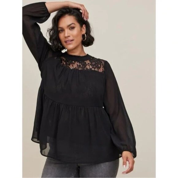 Torrid Lace With Chiffon Overlay Blouse Black - Picture 1 of 16